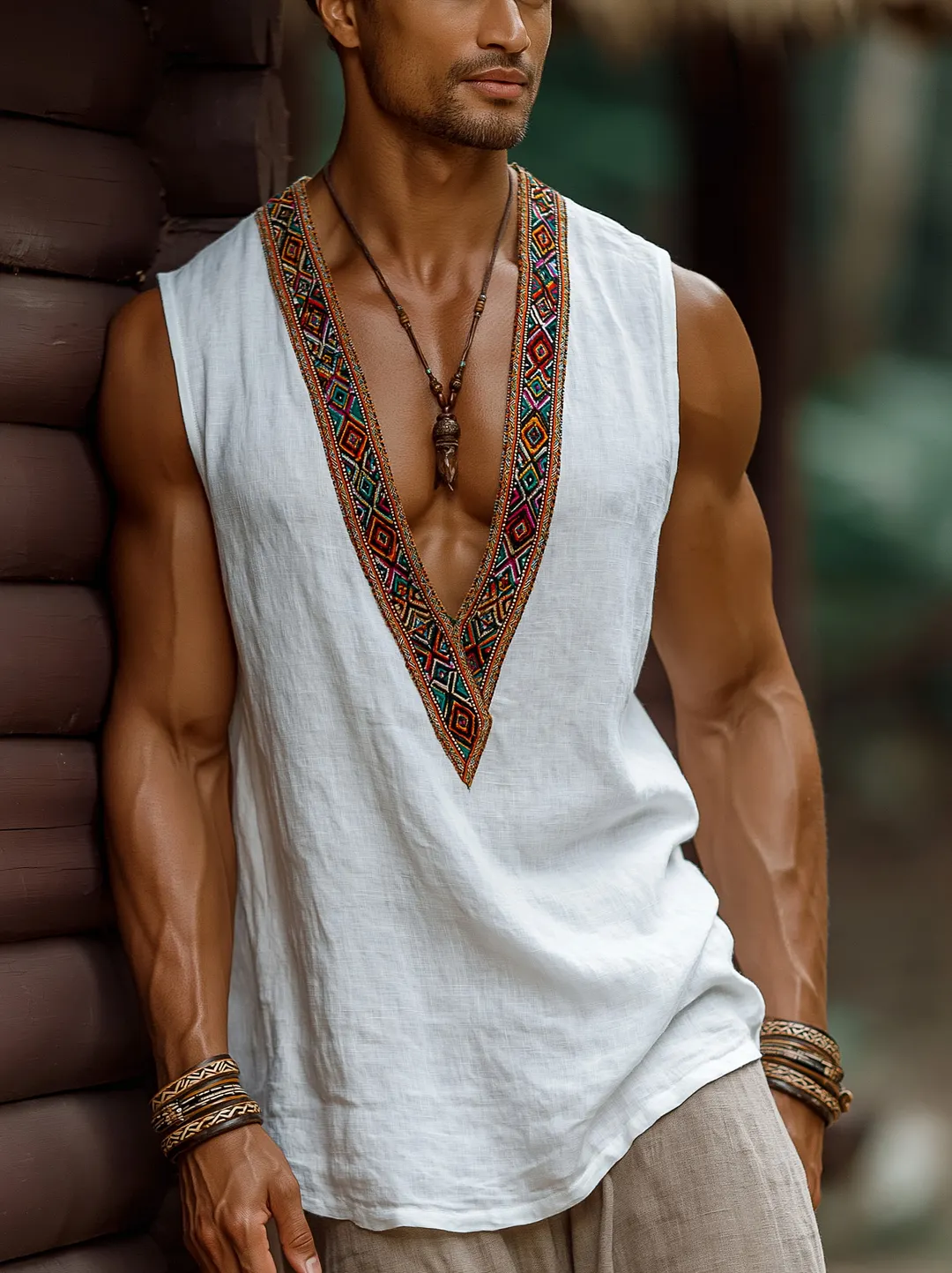 Linen Blend Embroidered V-Neck Sleeveless Top Men's Boho Style Casual Tank Shirt Summer Ethnic Patterned Vest-INSPIREUSE
