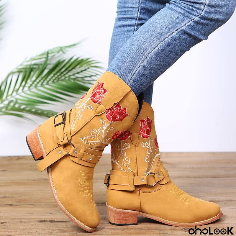 Womens Mid-Heel Fashion Embroidered Rose Mid-Calf Boots With Buckles