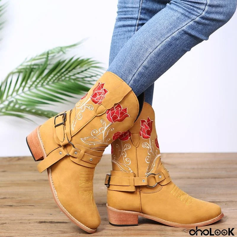 Womens Mid-Heel Fashion Embroidered Rose Mid-Calf Boots With Buckles