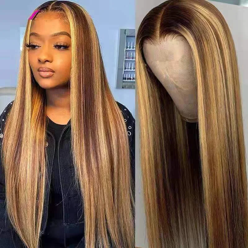 Brown-gold Gradient Long Straight Hair Rose Mesh Wig Set