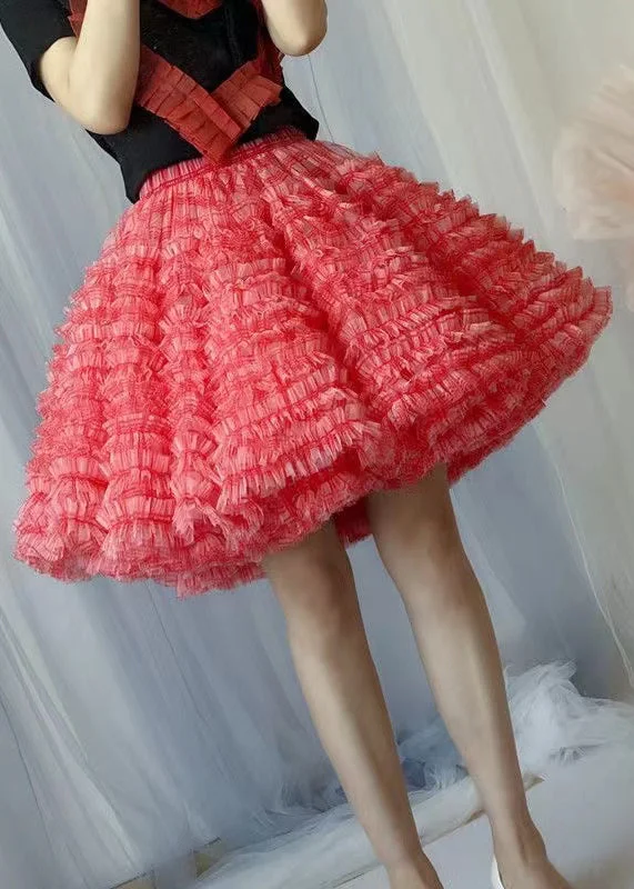 Fashion Red Layered Ruffled Patchwork Tulle Skirts Summer