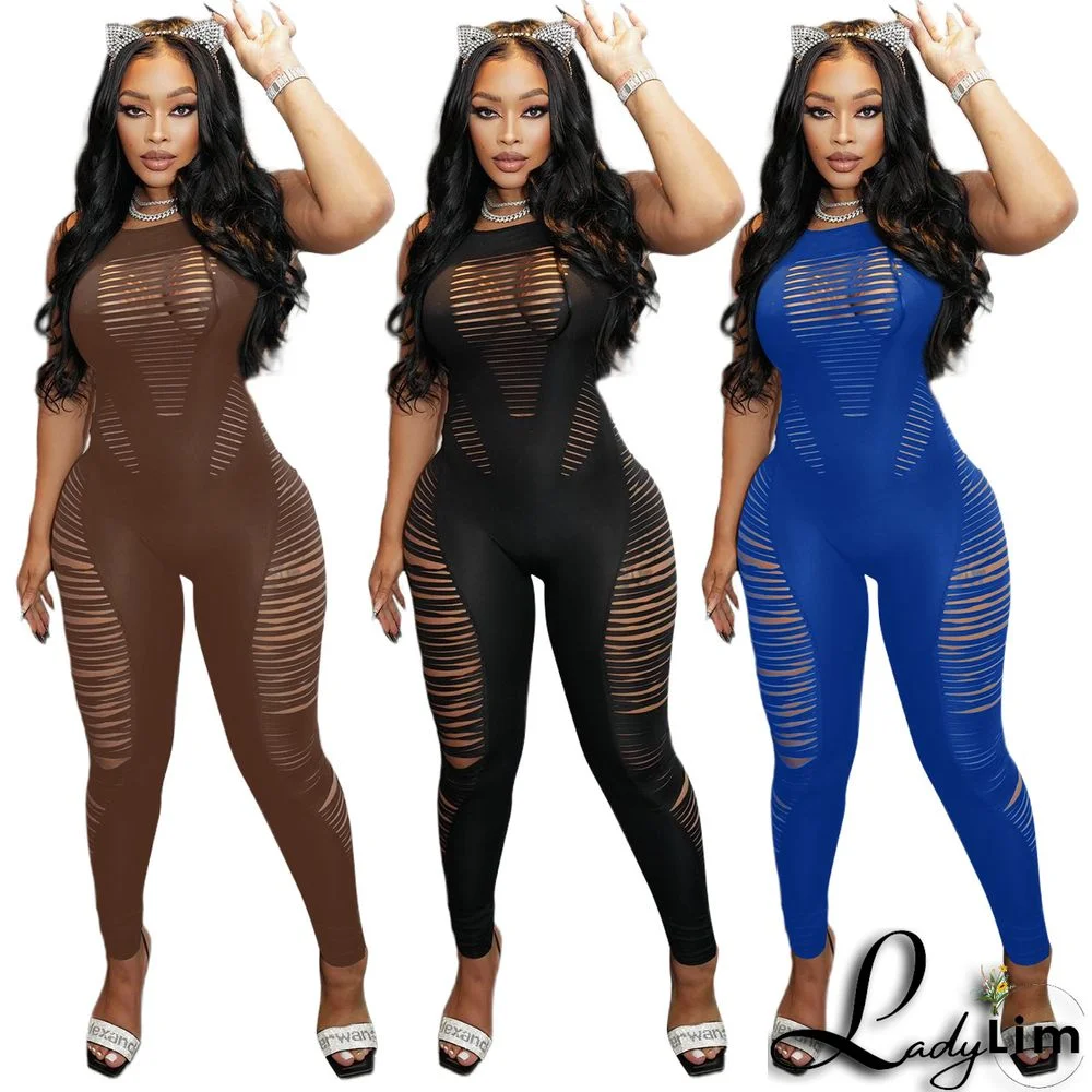 Solid Color Hollow Burnt Flower Sexy Jumpsuit