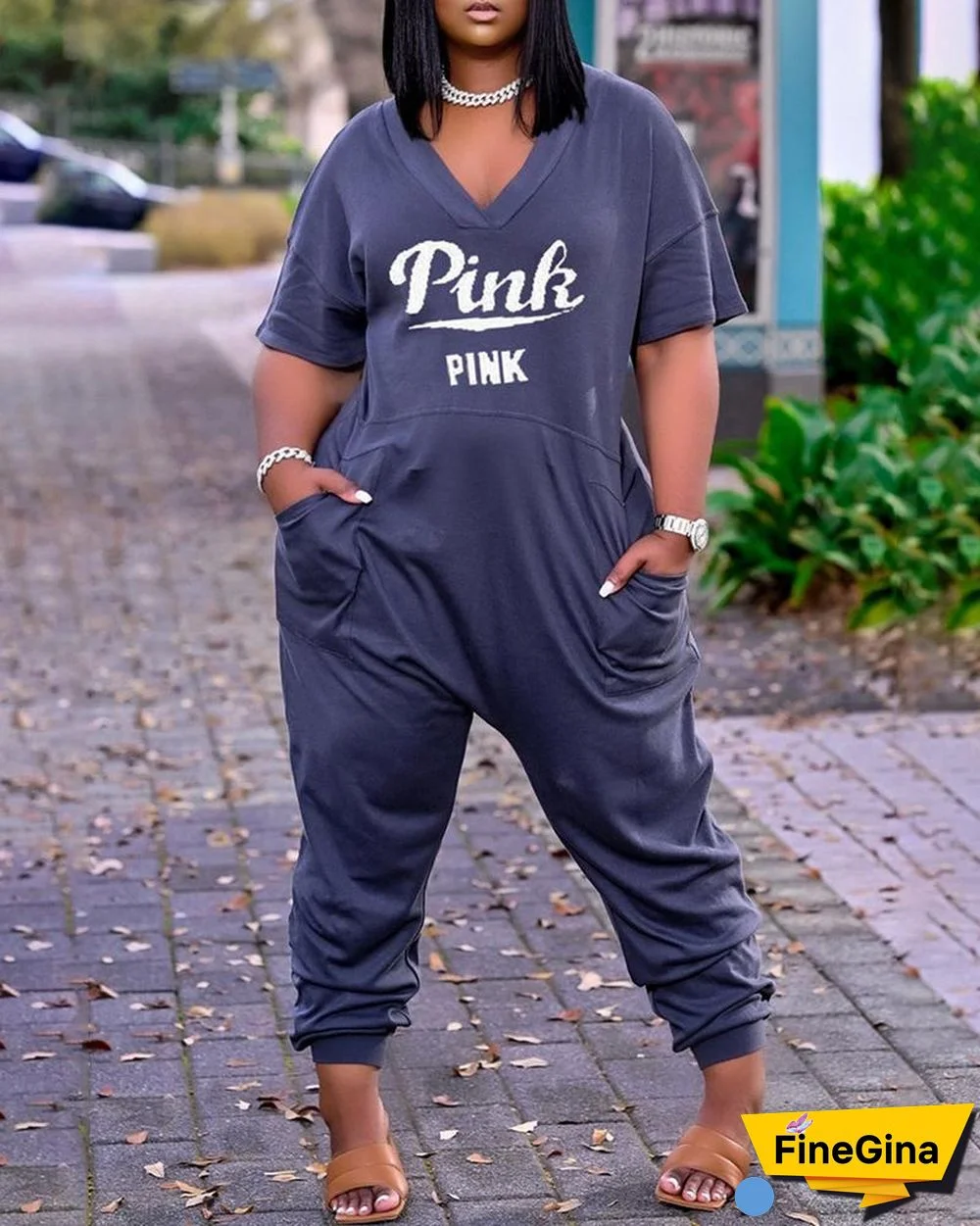 Letter Print V-Neck Short Sleeve Pocket Design Jumpsuit