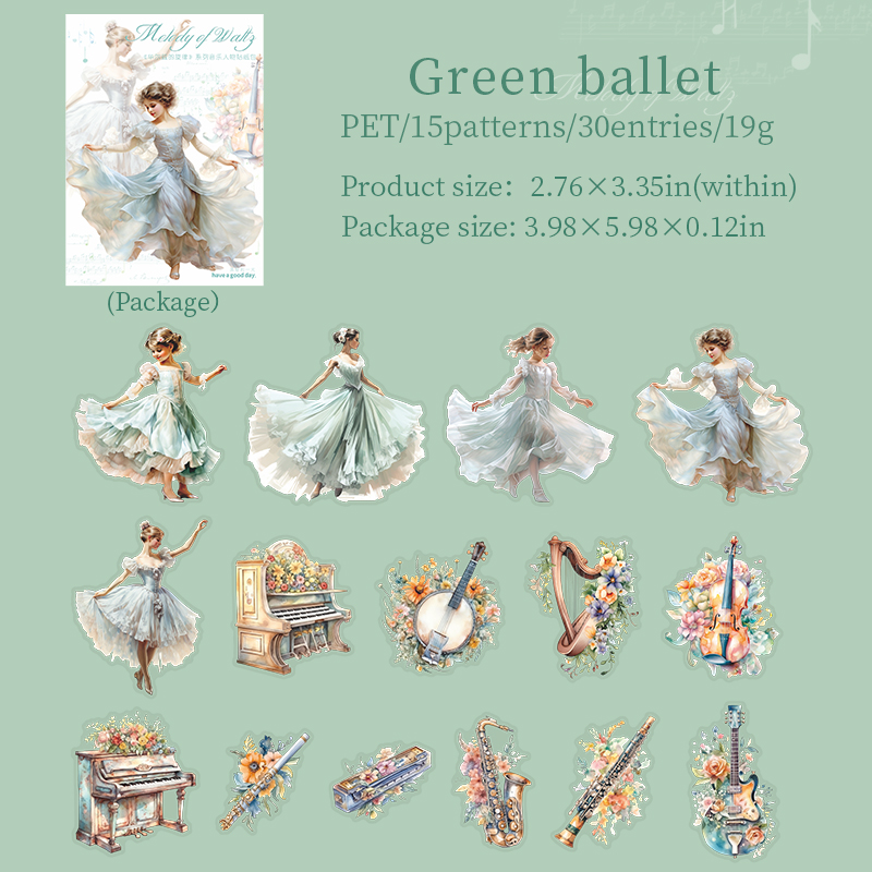 Journalsay 30 Sheets Waltz Melody Series Vintage Character Landscaping PET Sticker