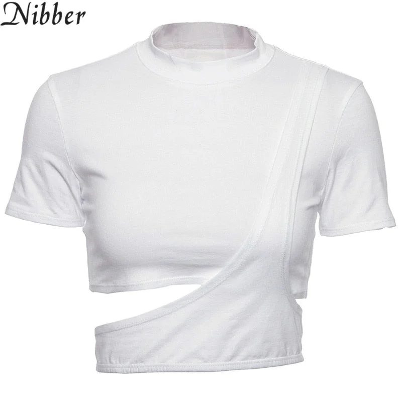 Nibber women Sexy Cotton Black White O-Neck Short Sleeve Crop Tops T-Shirt summer Women Leisure vacation Strip Hollow Out Tees