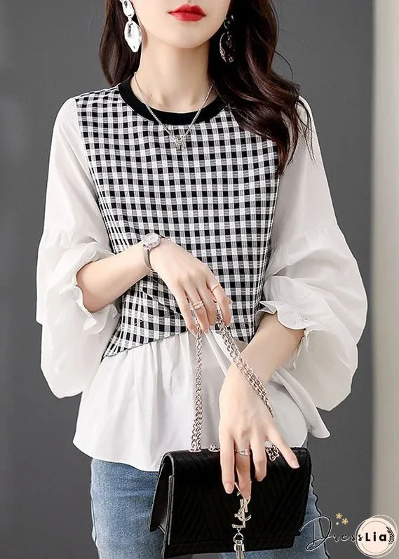 Women White O Neck Plaid Patchwork False Two Pieces Cotton Top Spring