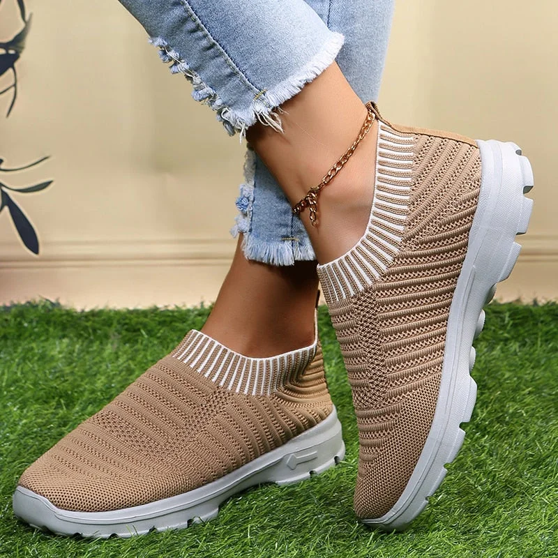Yellow Stripe Knitted Socks Sneakers Women Spring Summer Slip On Flat Shoes Woman Plus Size Breathable Mesh Running Shoes