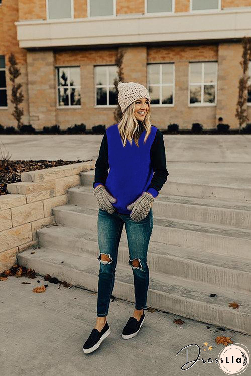 Red Long Sleeve Round Neck Stitching Top