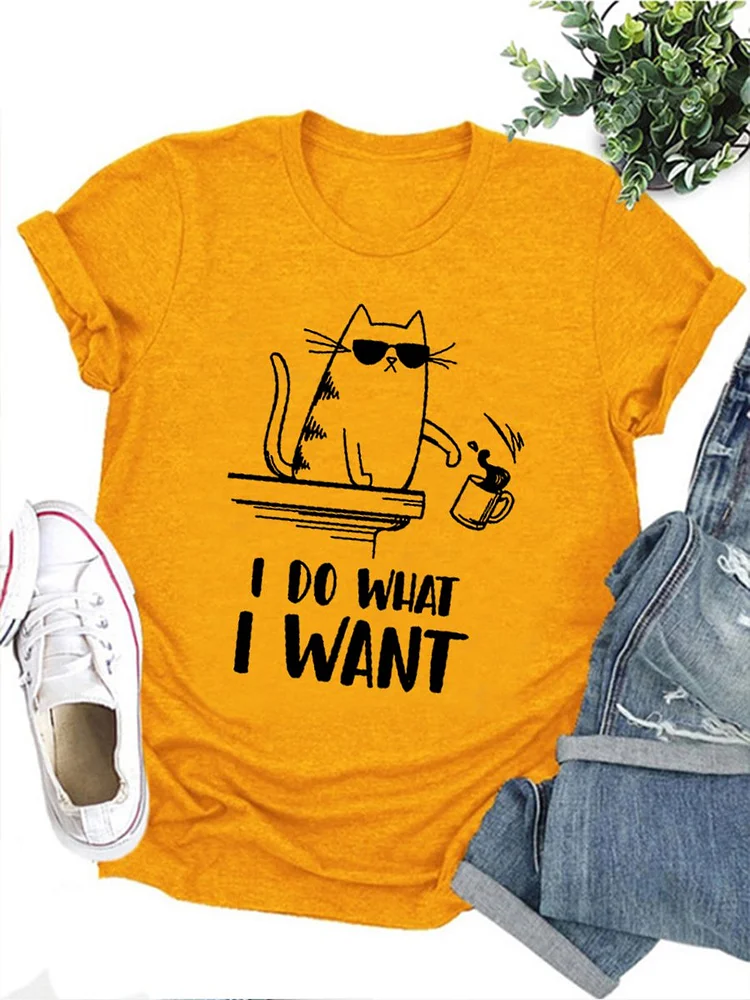 Bestdealfriday Cat I Do What I Want Graphic Short Sleeve Crew Neck Tee