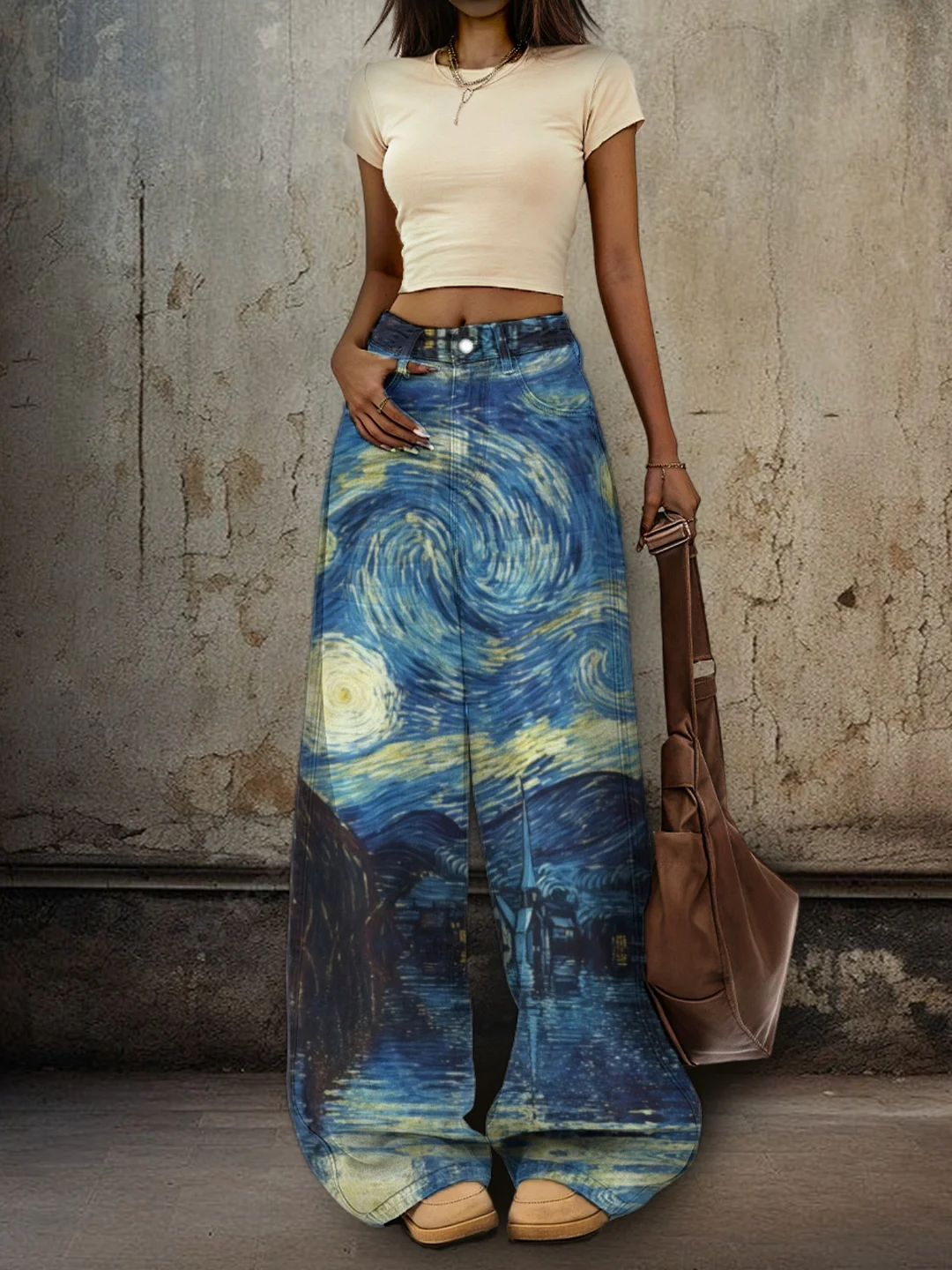 2025 Women's High-Waisted Loose Flared Jeans - Retro Graphic Print Denim Pants, Regular Fit All-Season Casual Trousers, Machine Washable Long Length For Casual Attire, Relaxed Fit Trousers, Vintage Inspired Design, Sturdy Construction, Stylish Trousers | IFYHOME