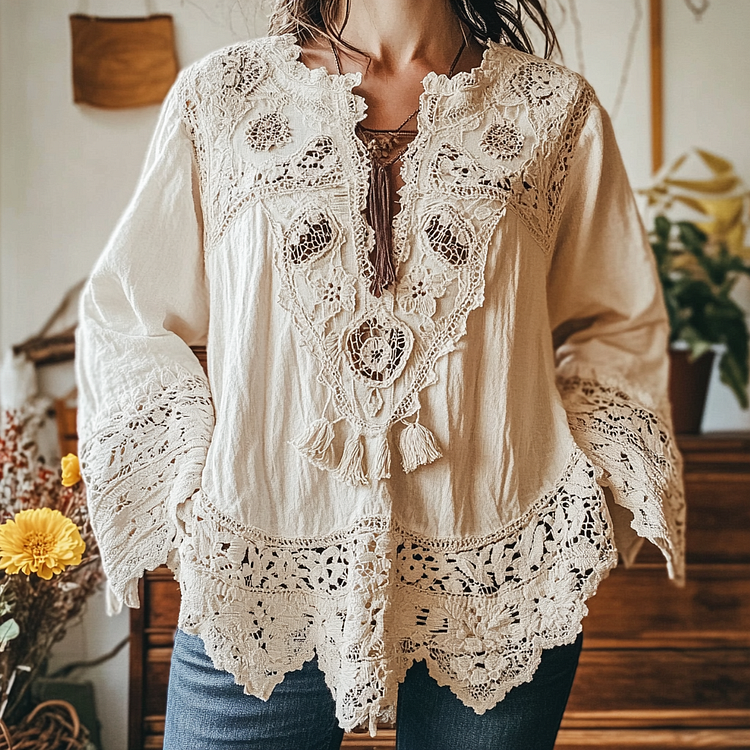 Lunivibe Elegant Lace Embroidery Tassel Art Long Sleeve V-neck Shirt