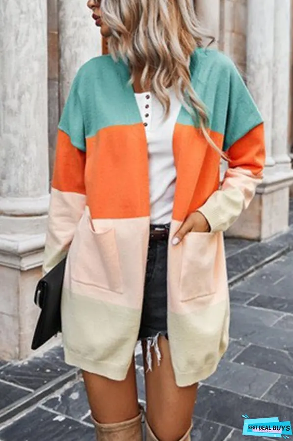 Contrasting rainbow paneled striped long cardigan sweater with pockets