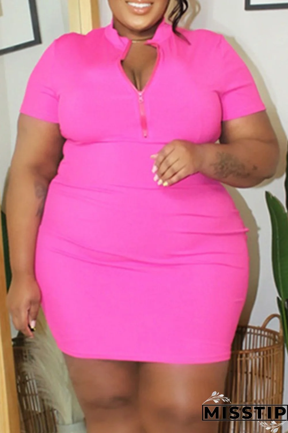 Yellow Fashion Casual Plus Size Solid Basic Zipper Collar Short Sleeve Dress