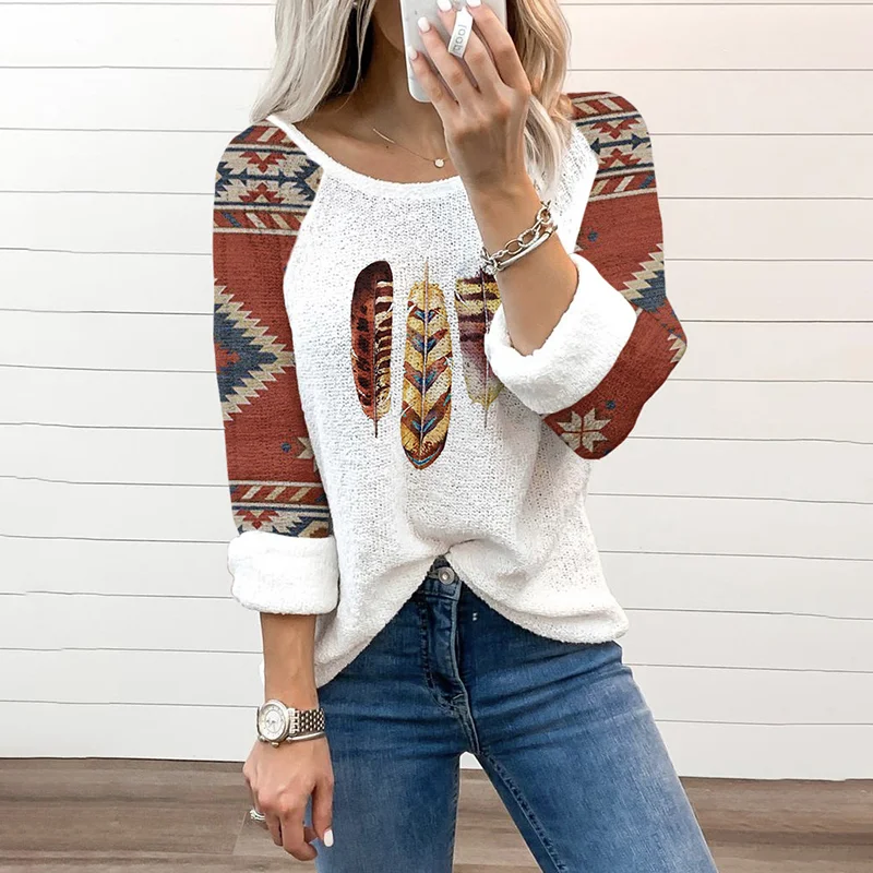 Long Sleeve Feather Print T-Shirt