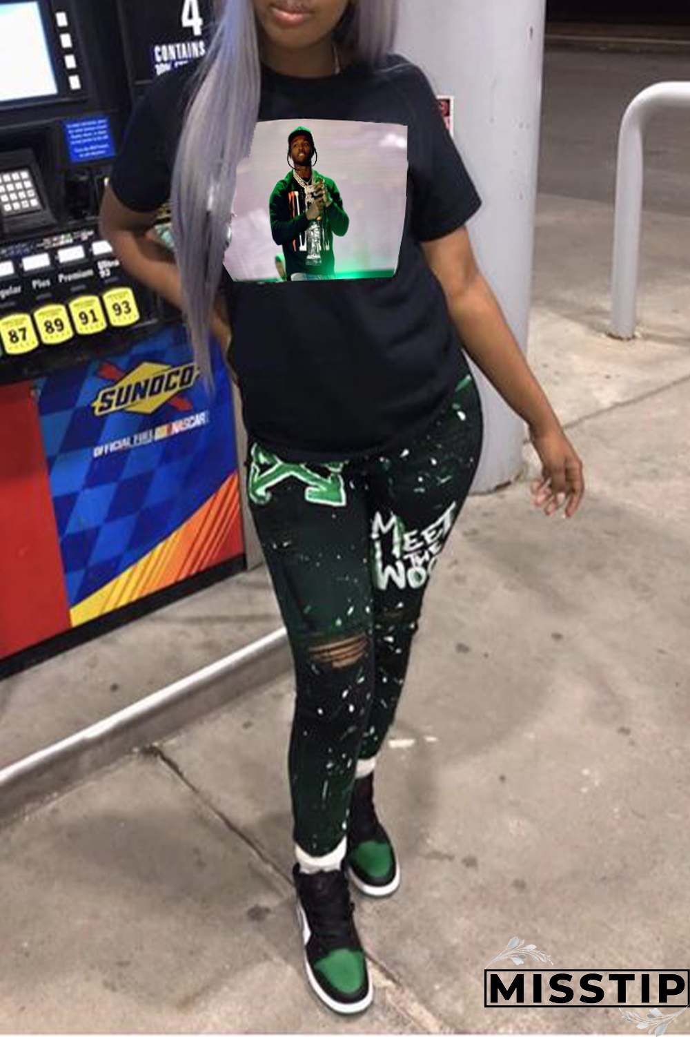 Black Casual Street Print Patchwork O Neck T-Shirts