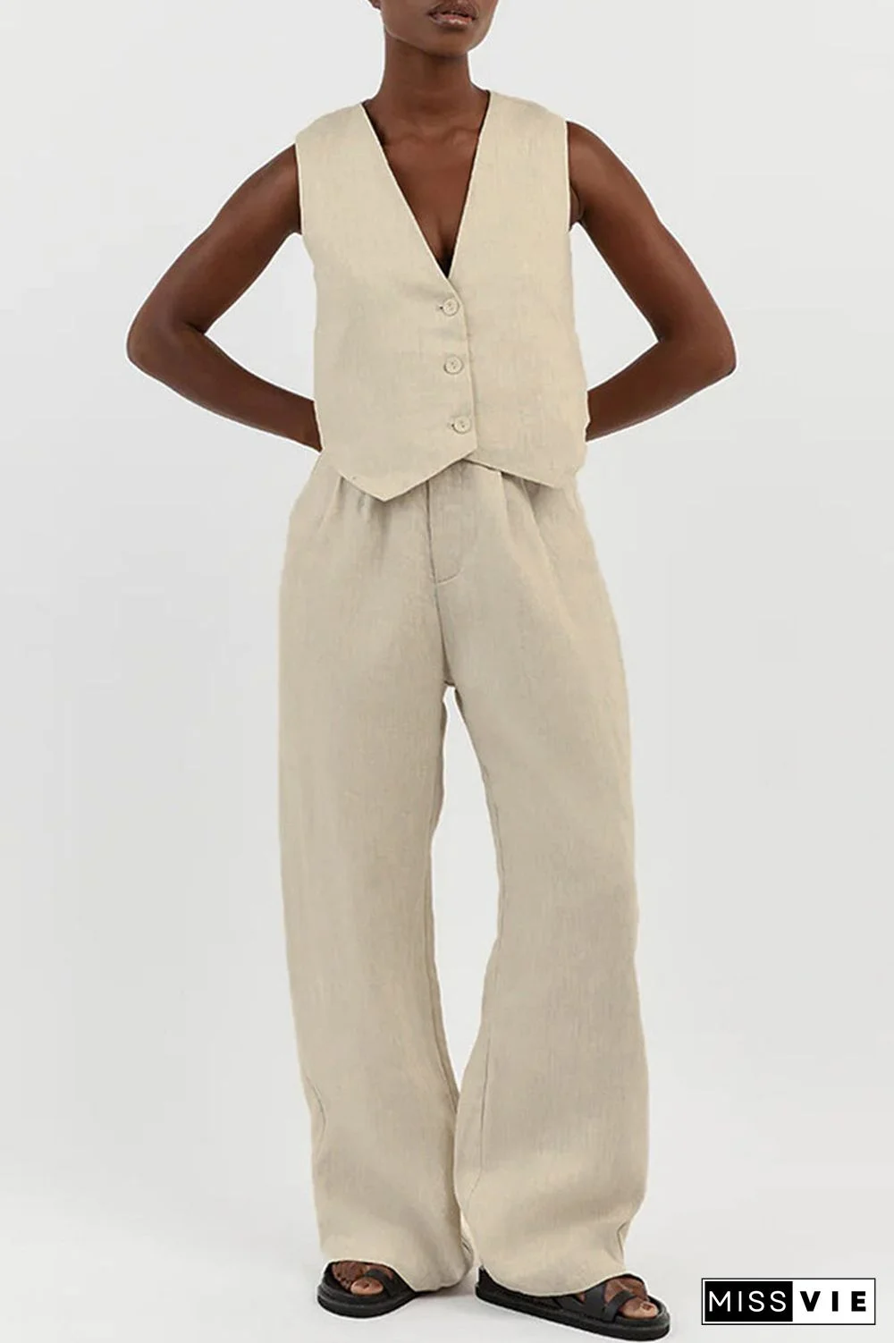 Casual Simplicity Solid Buckle V Neck Sleeveless Two Pieces