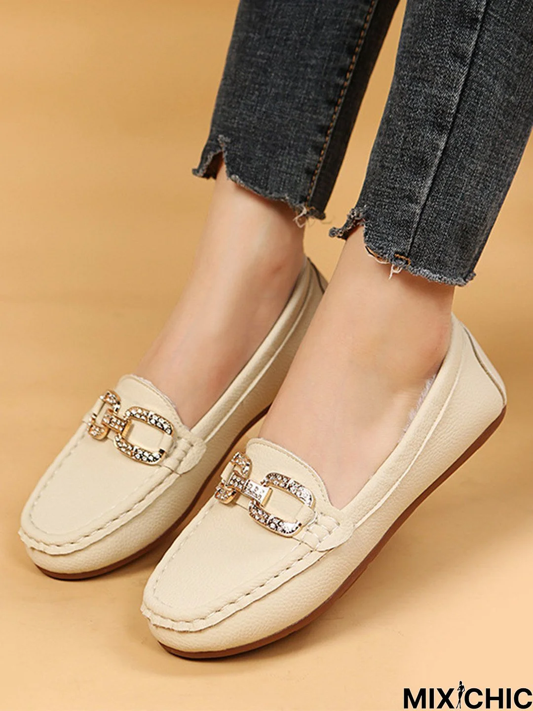 Plain Rhinestone Metal-embellished Faux Fur-lined Loafers