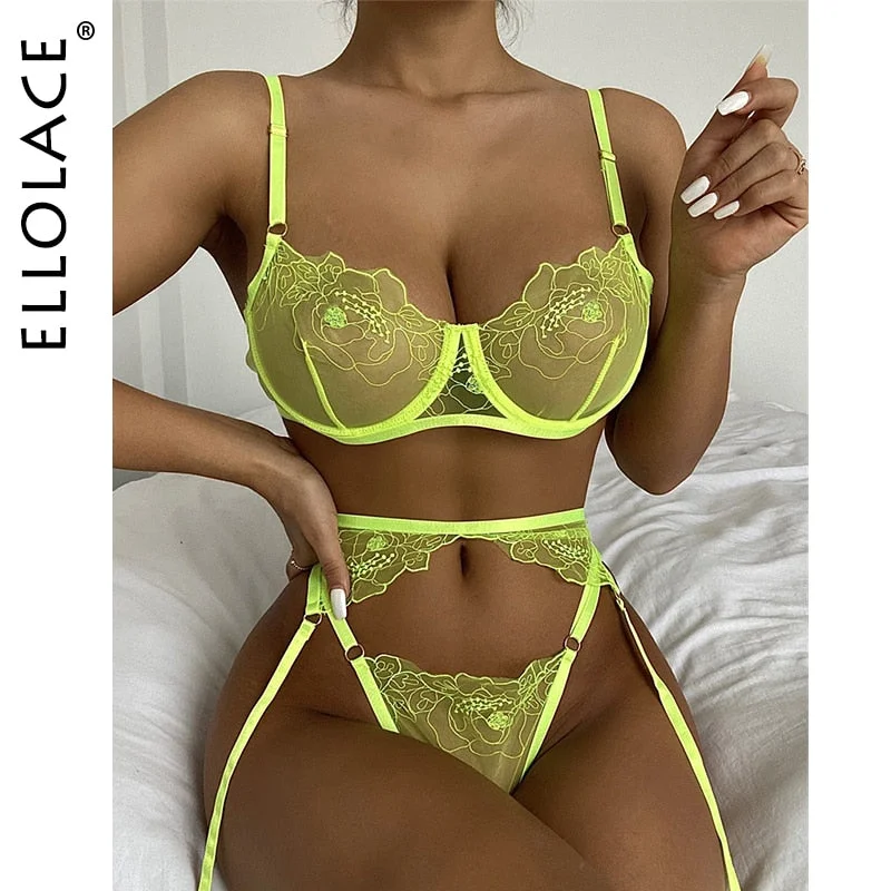 Ellolace Neon Kiss Lingerie Sensual Women's Underwear 3 Pieces Erotic Lace Bra Kit Push Up S-XL Embroidery Breves Sets Garters