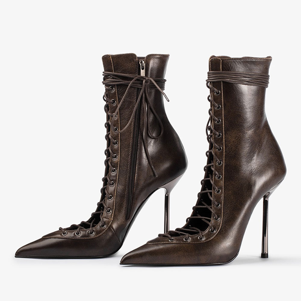 Brown Vintage Pointed Toe Lace Up Boots with Stiletto Heels
