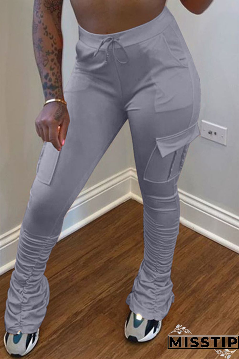 Fluorescent green Drawstring High Solid Pocket Draped Boot Cut Pants Bottoms