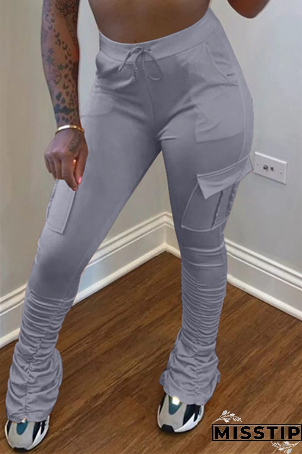 Fluorescent green Drawstring High Solid Pocket Draped Boot Cut Pants Bottoms