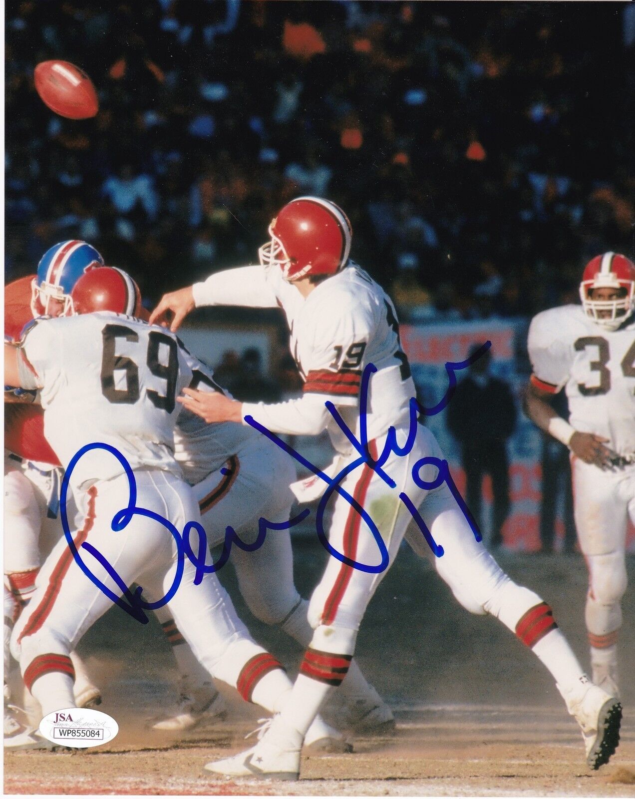 BERNIE KOSAR CLEVELAND BROWNS JSA AUTHENTICATED ACTION SIGNED 8x10