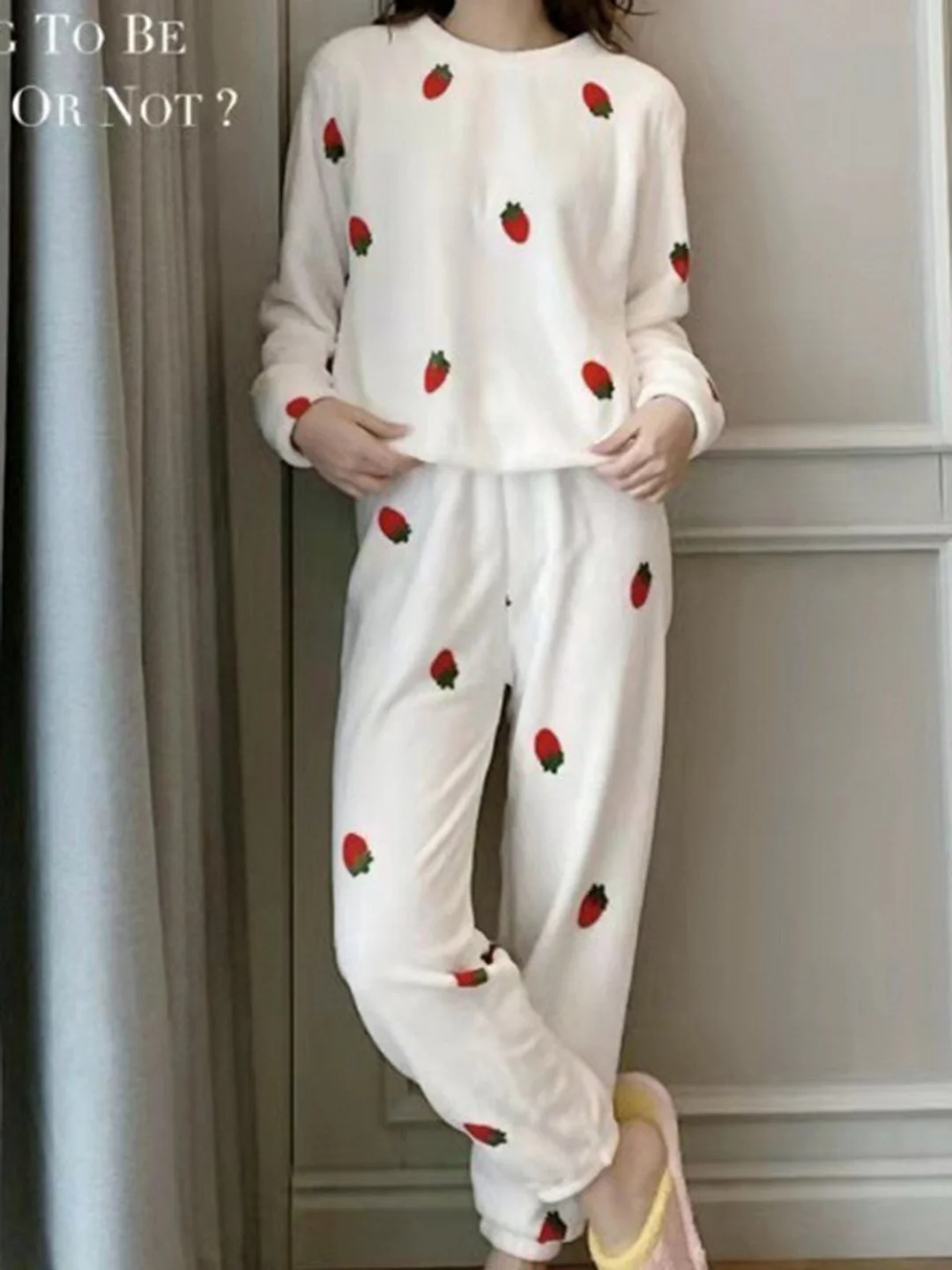 Strawberry Print Long Sleeve Pants Casual Loungewear Two Piece Plus Size