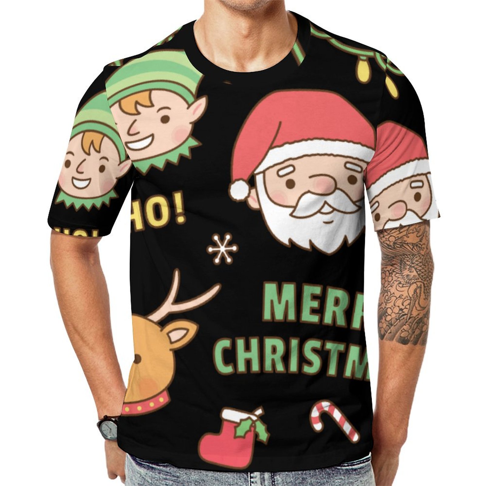 Elf Reindeer Santa Merry Christmas Short Sleeve Print Unisex Tshirt Summer Casual Tees for Men and Women Coolcoshirts