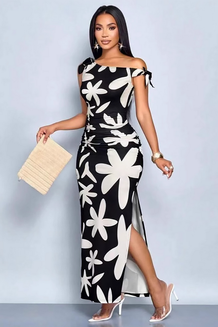 Floral Print Off Shoulder Sleeveless Bodycon Slit Maxi Dresses-Black