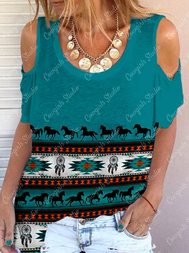 Round Neck Off Shoulder Western Style Ladies Casual Top