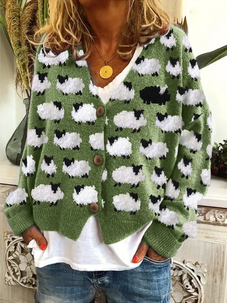Vintage Sheep Fleece Pattern Cozy Knit Cardigan