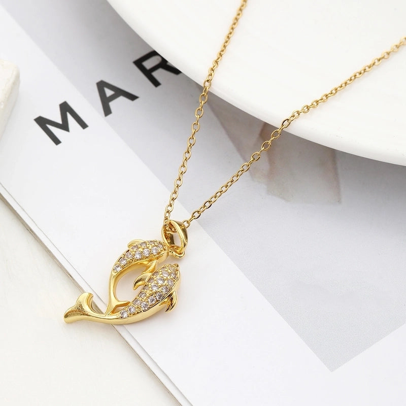 304 Stainless Steel Copper Inlay Dolphin Zircon Pendant Necklace