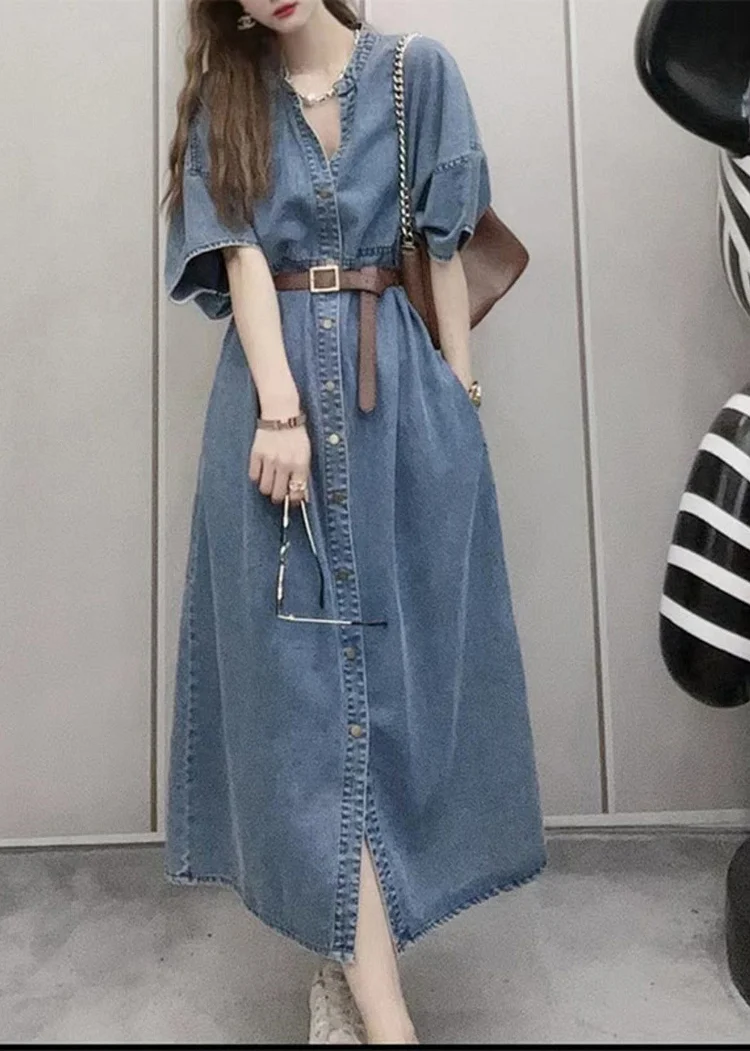 Unique Blue V Neck Patchwork Sashes Button Denim Long Dress Short Sleeve