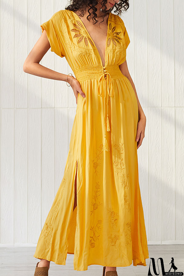 MidiSono - Yellow Slit Embroidered Maxi Dress