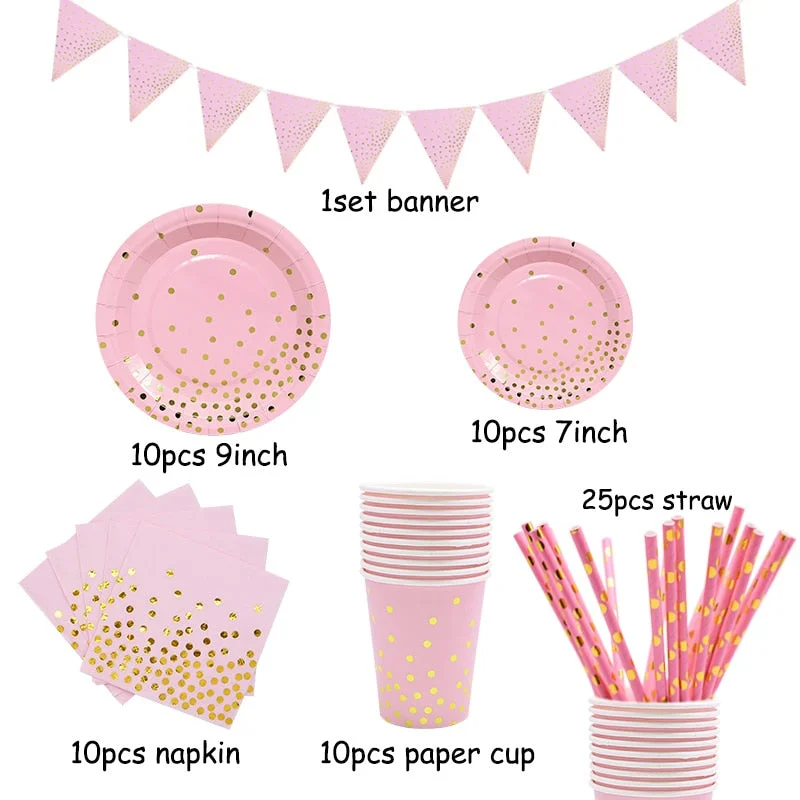 Gold Pink Disposable Tableware Set Paper Plates Cup Napkin Baby 1st Birthday Party Decor Baby Shower Girl Party Supplies Balloon