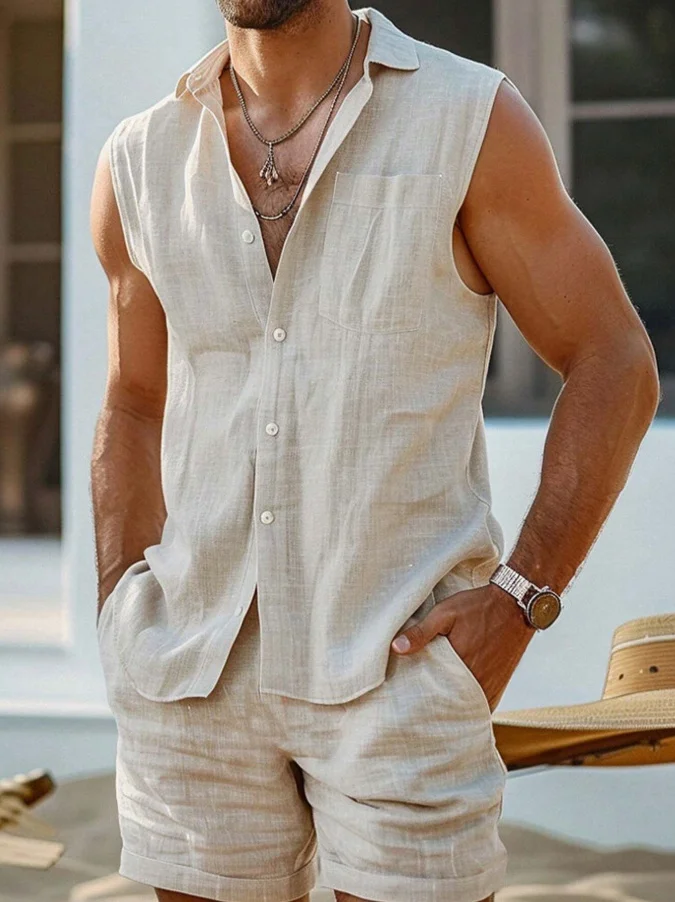 Men's Solid Color Turndown Collar Chest Pocket Vest Casual Shorts Matching Set