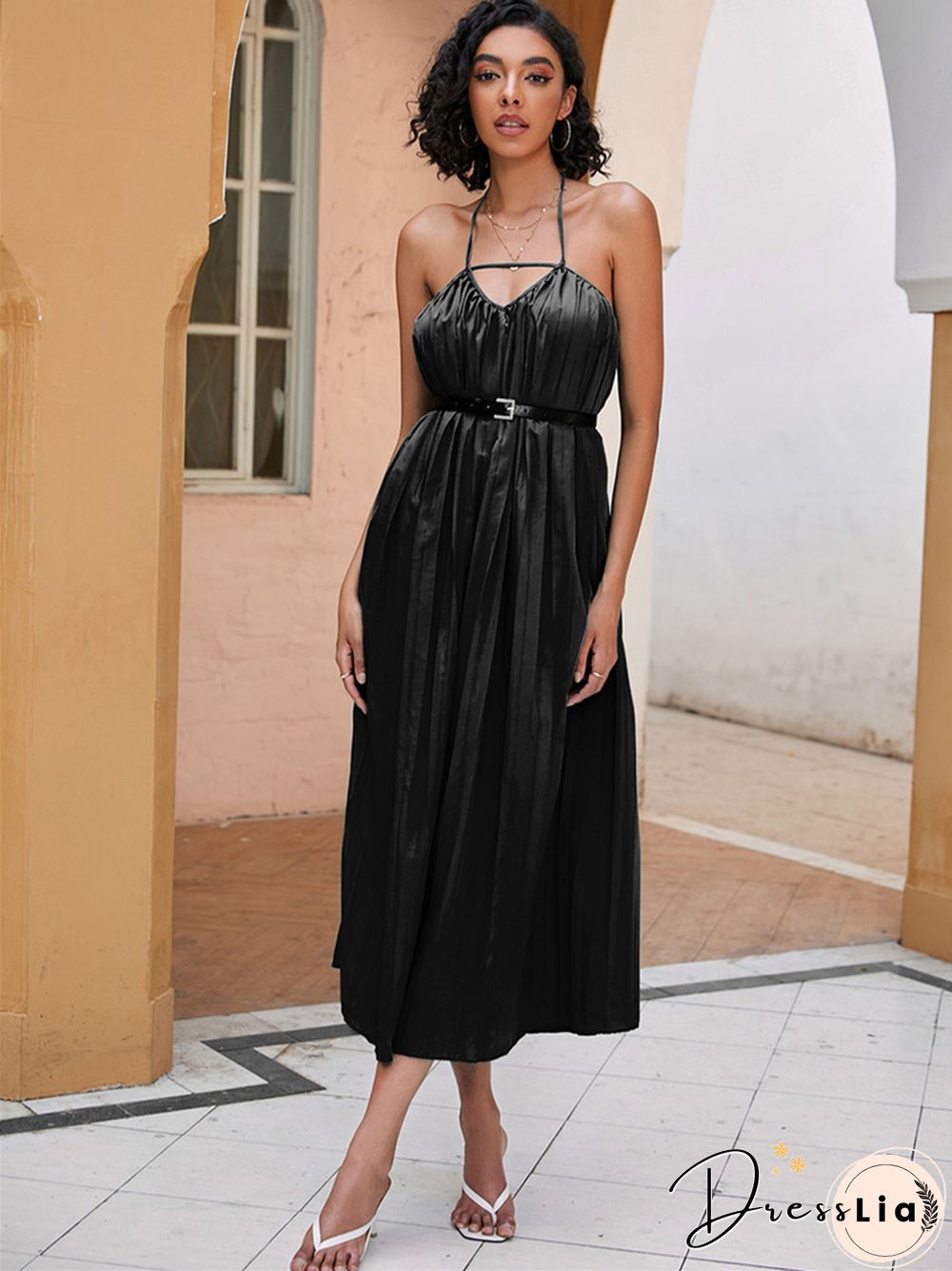 Summer Solid Color Pleated Waist And Neck Dress Black Dresses
