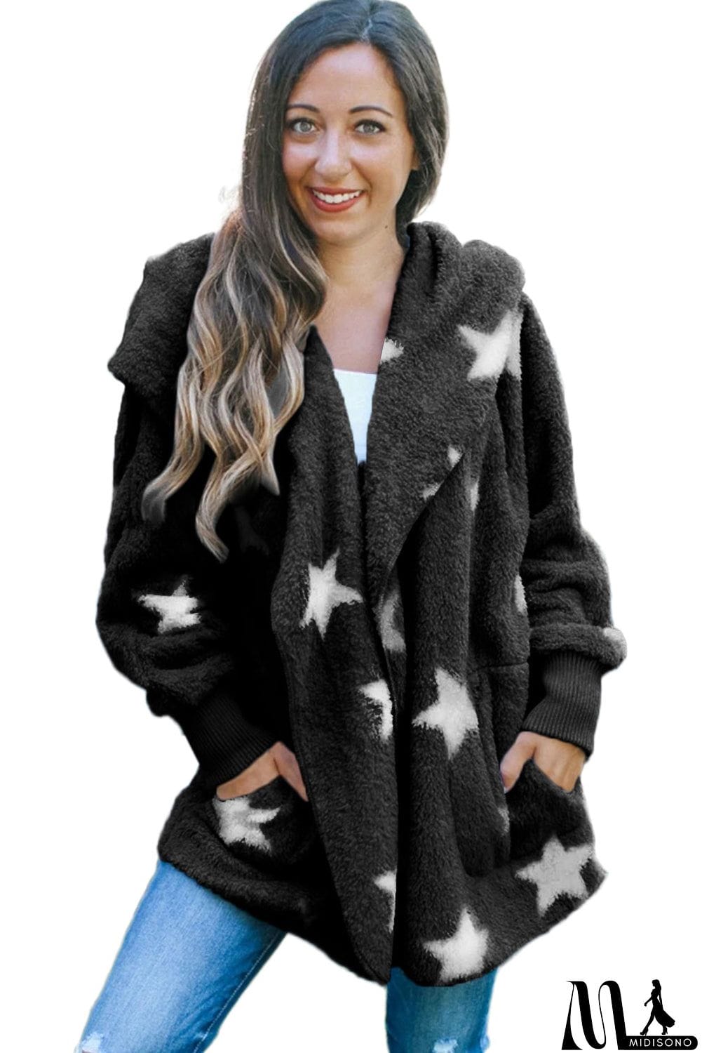 MidiSono - Lapel Collar Scatter Star Fuzzy Coat