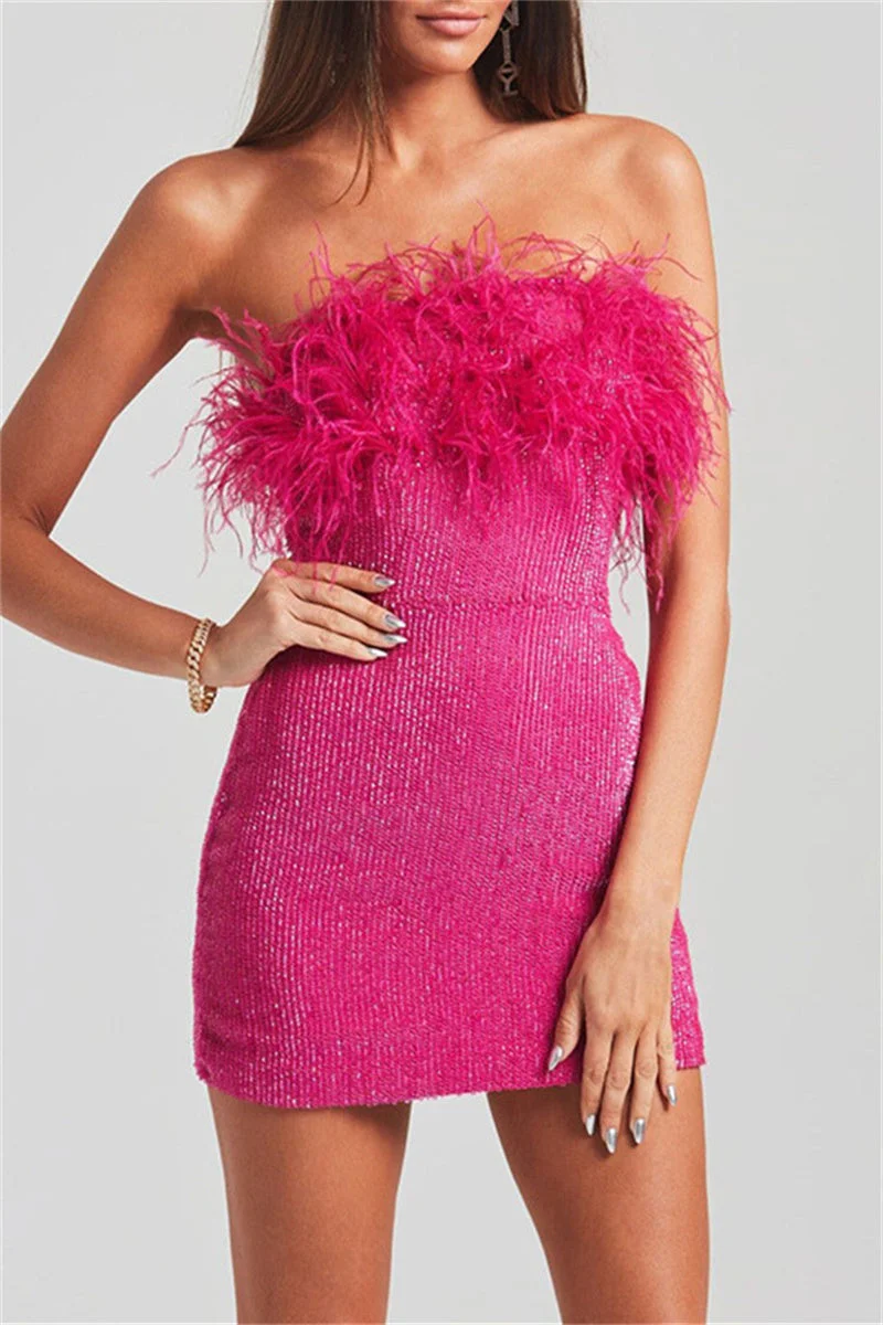 Sexy Patchwork Sequins Feathers Backless Strapless Sleeveless Dress Dresses