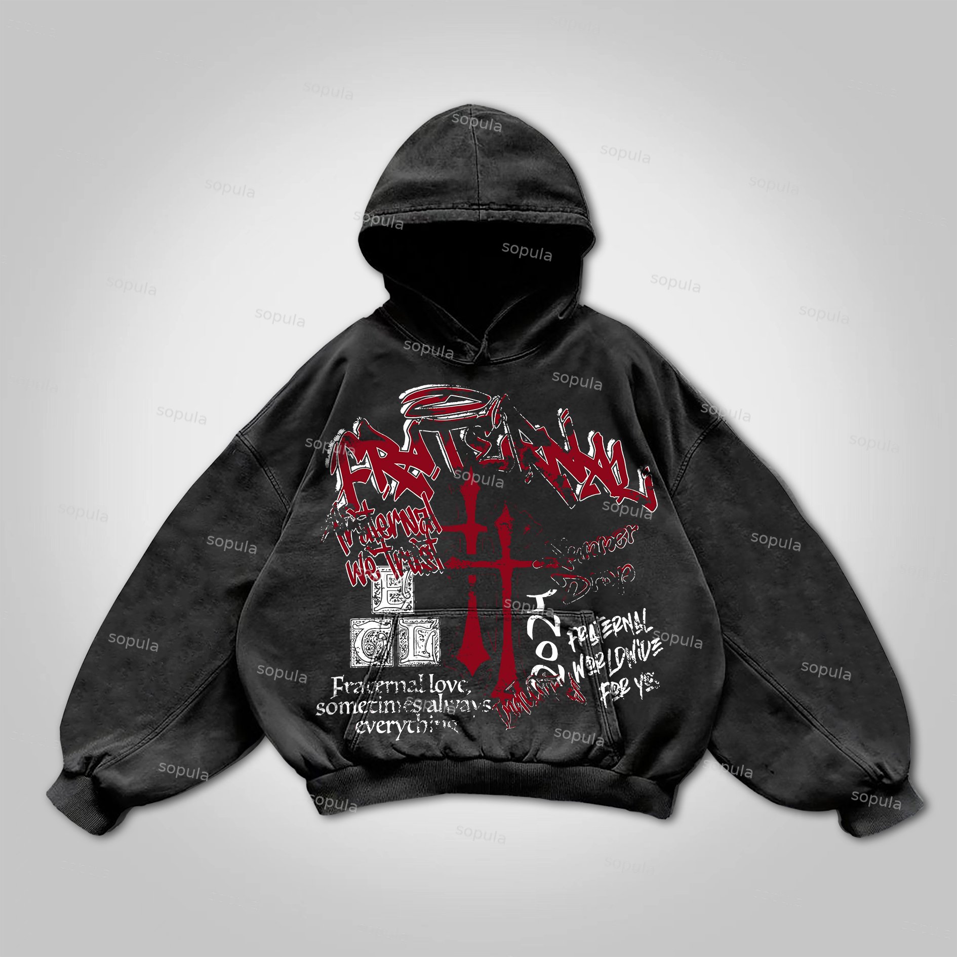 Vintage Fraternal Double Cross Graphic Acid Washed Oversized Hoodie - SOPULA