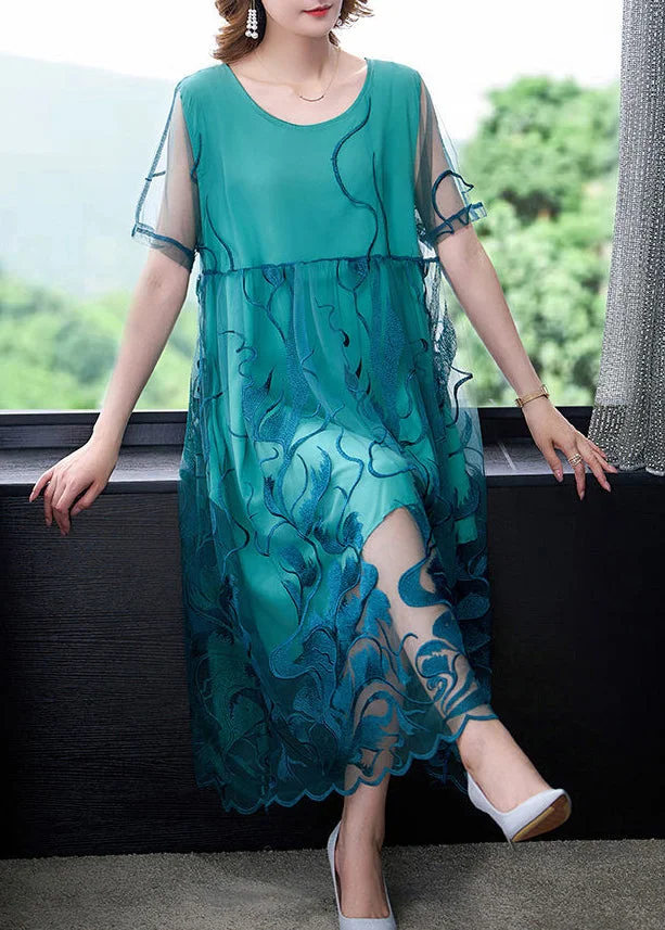 Peacock Blue Tulle Long Dresses Embroideried Summer