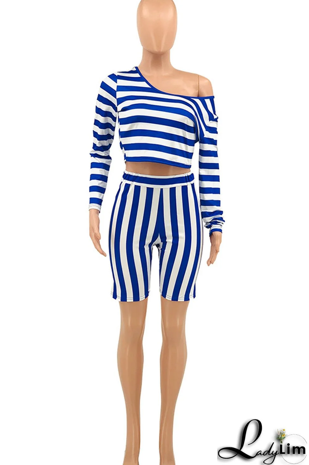 Blue Casual Striped Print Patchwork Asymmetrical Collar Plus Size Two Pieces