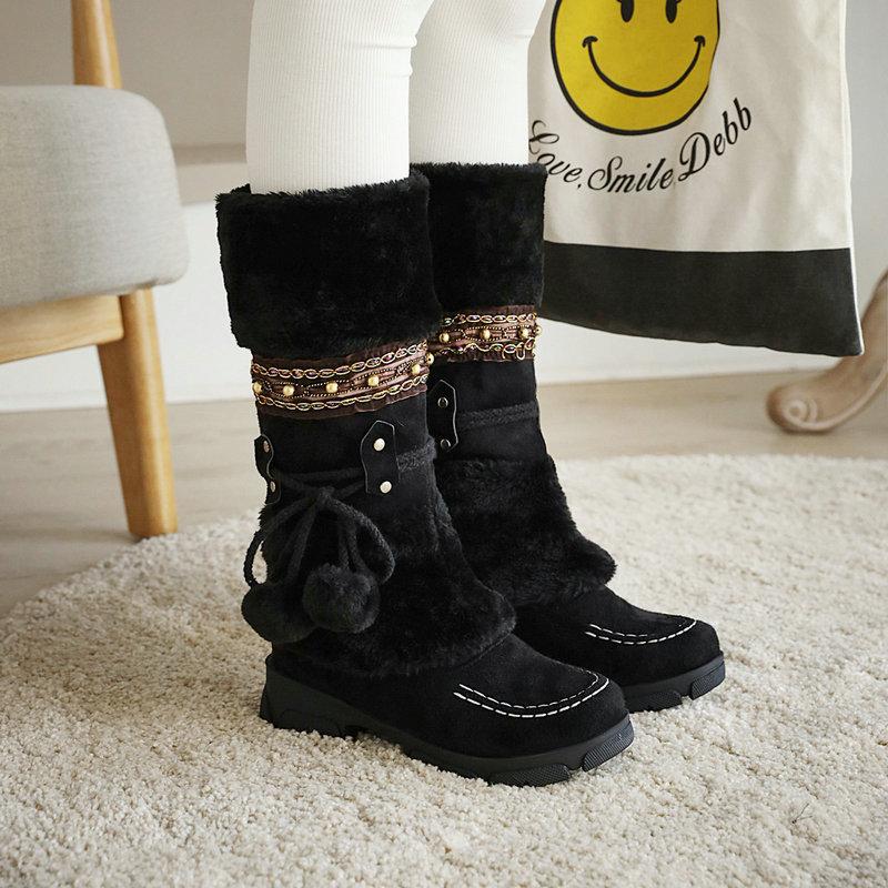 VCSHOES Middle Heel Cotton Boots Wool Ball High Tube Warm Boots Knight Snow Boots