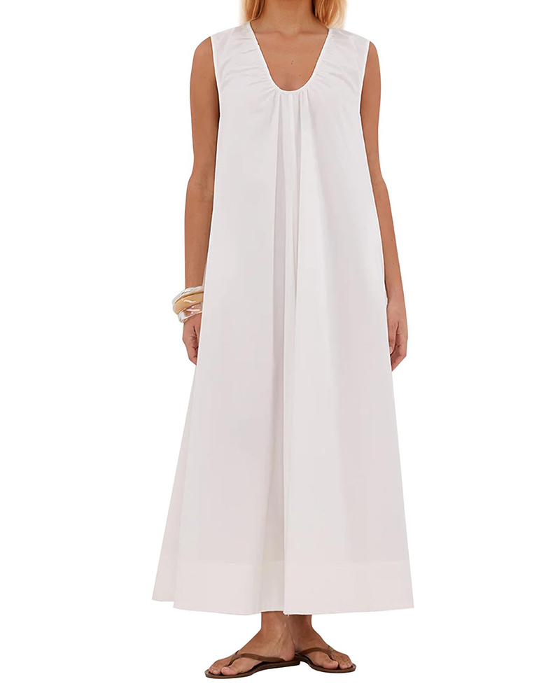 Ruched Deep-V Neck Sleeveless Solid Color Loose A-Line Maxi Dress