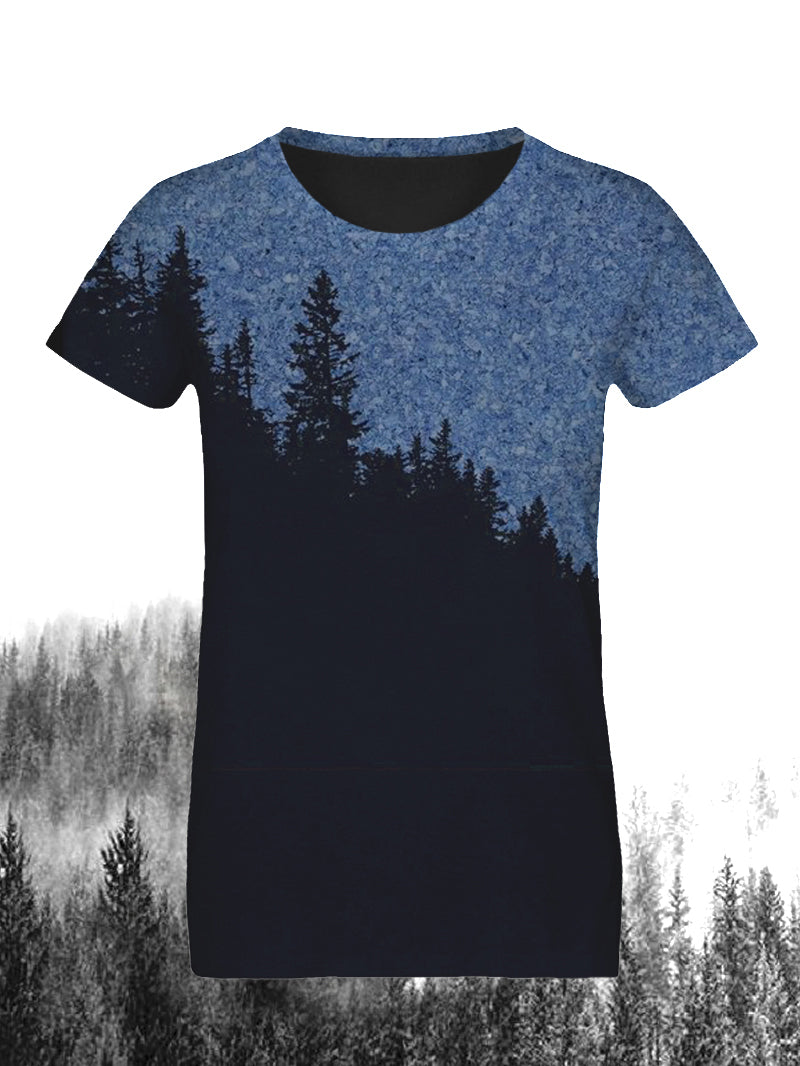 Woman's Contrast Short-sleeve Casual Sport T-shirt with Cedar Tree Forest in the Mountains