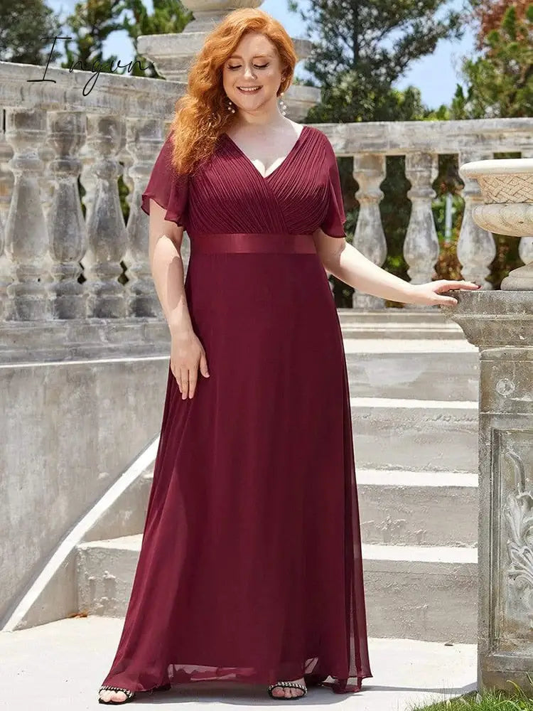 Ingvn - Summer Outfits New Women Plus Size Evening Dresses Long Elegant A Line V Neck Ruffles