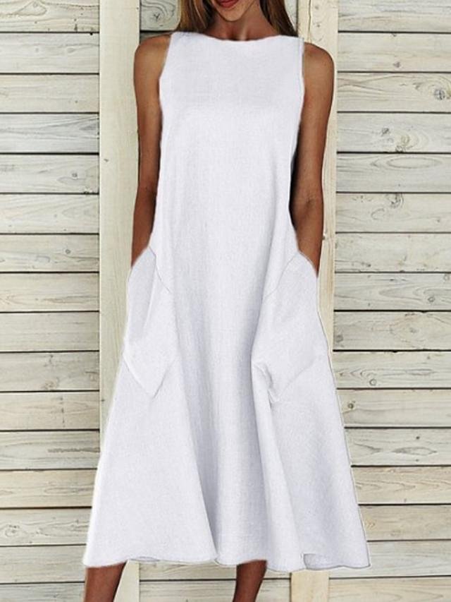 Women's A-Line Dress Midi Dress - Sleeveless Pocket Summer Basic Holiday White Blue Yellow Gray S M L XL XXL