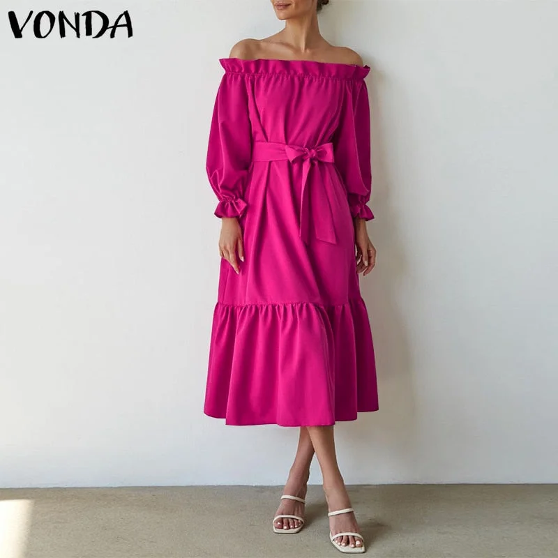 Holiday Swing Dress VONDA 2022 Women Sexy Off Shoulder Party Ruffled Dress Beach Sundress Casual Vestidos Oversized Robe Femme