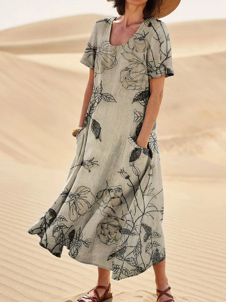 Women's Retro Elegant Floral Art Print Casual Linen Pocket Dress
