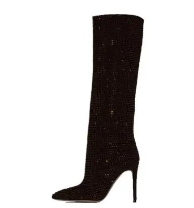 VCSHOES Woman Full Rhinestone Crystal Bling Pleated Knee High Boots Woman Sliver Blue Yellow Red 100 Mm Stiletto Heels Botas Shoe